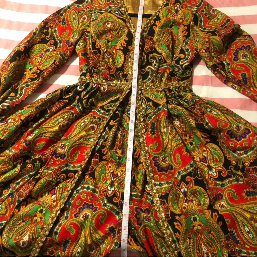 Vtg Jumpsuit 60s 70s Psychedelic Paisley Palazzo Leg Gold Rick Rack Trim S-XS - Picture 9 of 12